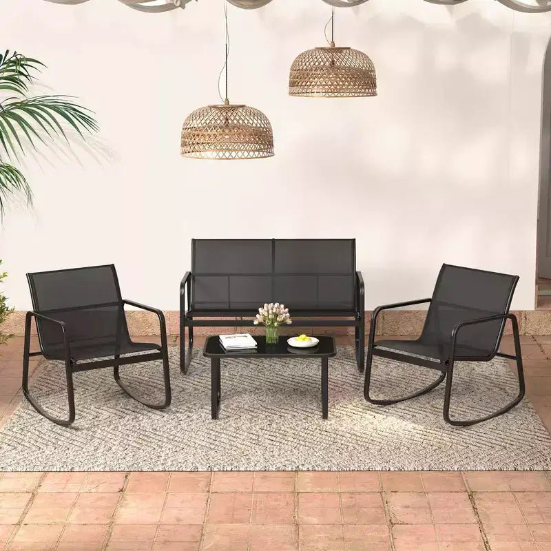 Costway 4/8 PCS Patio Rocking Set 4 Rocking Chairs & 2 Loveseat with Glass-Top Table Outdoor Black