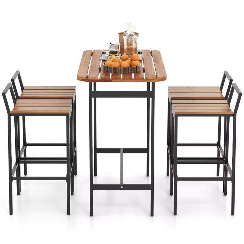 Costway 5 PCS Acacia Wood Bar Table Set Outdoor Bar Height Table & Chairs with Metal Frame