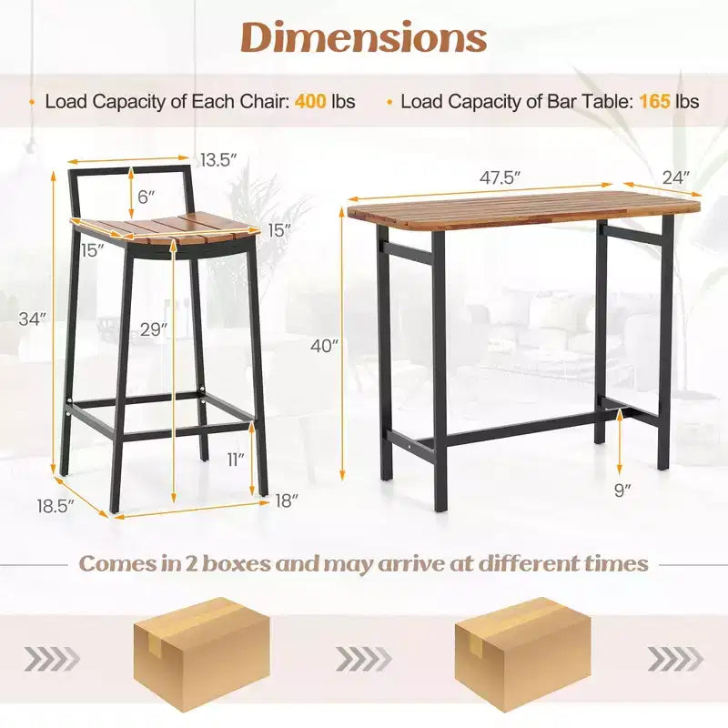 Costway 5 PCS Acacia Wood Bar Table Set Outdoor Bar Height Table & Chairs with Metal Frame