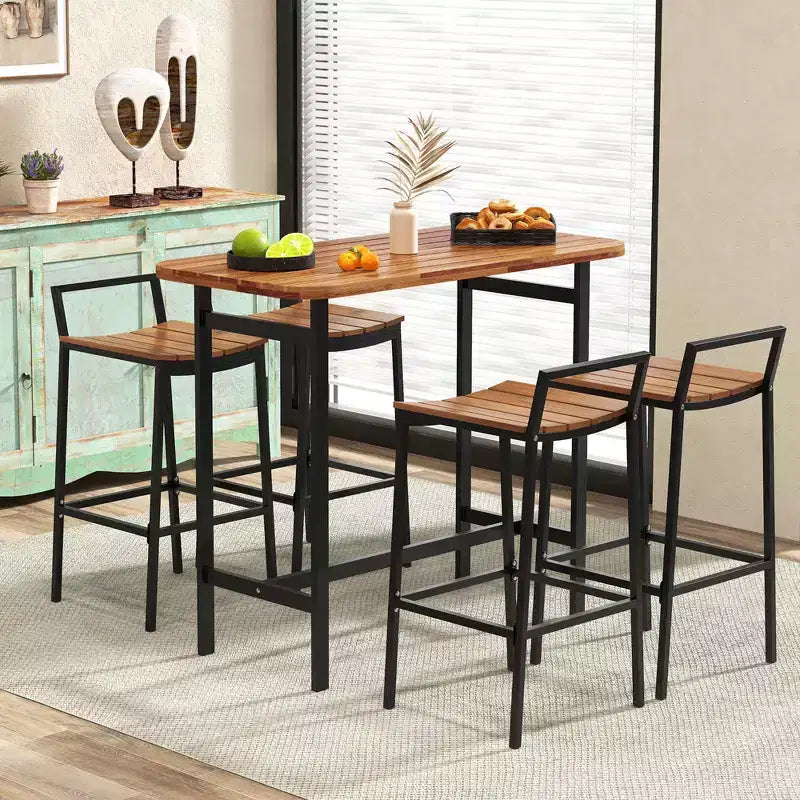 Costway 5 PCS Acacia Wood Bar Table Set Outdoor Bar Height Table & Chairs with Metal Frame