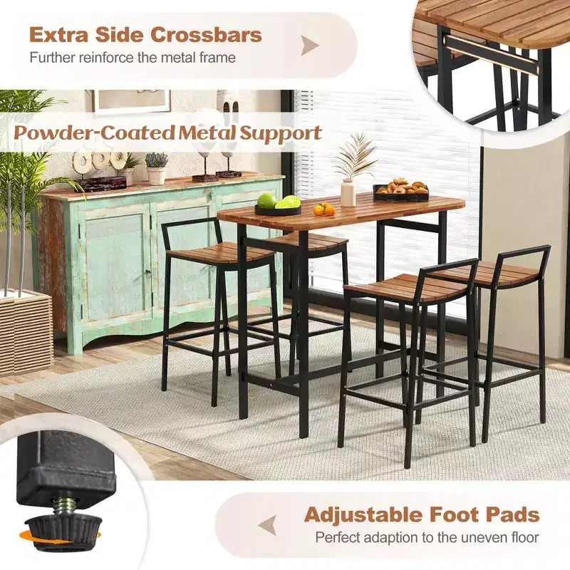Costway 5 PCS Acacia Wood Bar Table Set Outdoor Bar Height Table & Chairs with Metal Frame