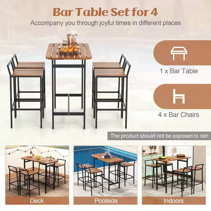Costway 5 PCS Acacia Wood Bar Table Set Outdoor Bar Height Table & Chairs with Metal Frame
