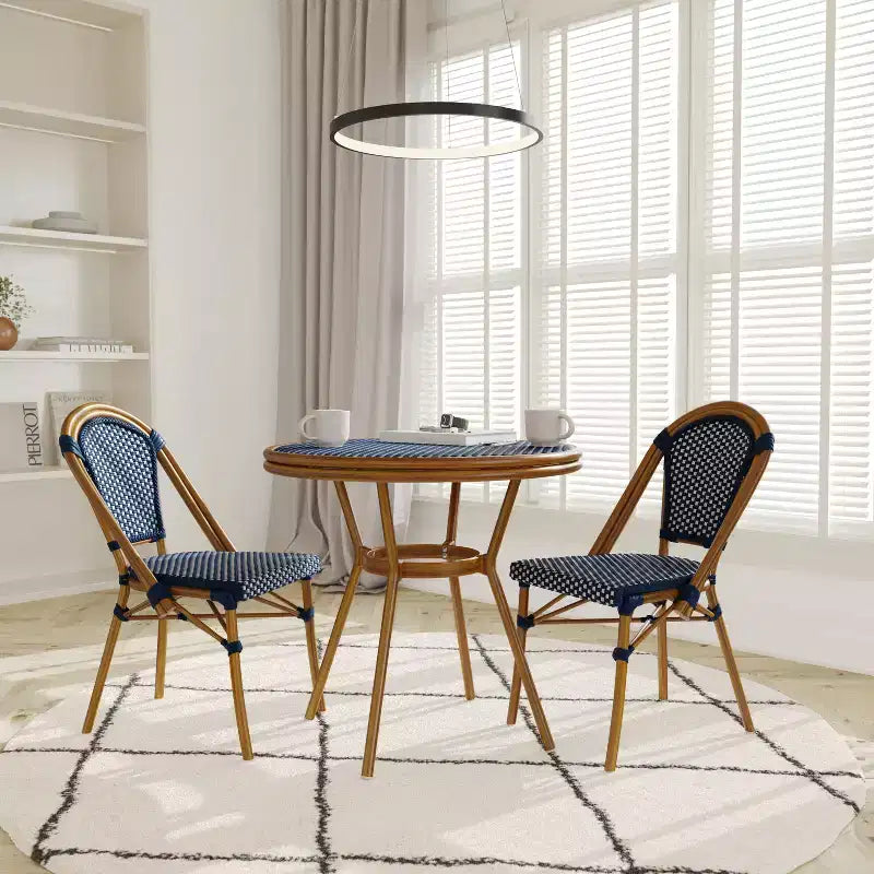 Emma & Oliver Soie Indoor/Outdoor Bistro Style 31.5 in. Table with PE Rattan, Glass Top, and Two Chairs - Metal Frame