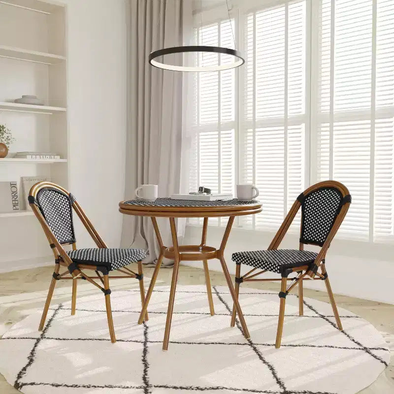Emma & Oliver Soie Indoor/Outdoor Bistro Style 31.5 in. Table with PE Rattan, Glass Top, and Two Chairs - Metal Frame