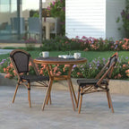 Emma & Oliver Soie Indoor/Outdoor Bistro Style 31.5 in. Table with PE Rattan, Glass Top, and Two Chairs - Metal Frame