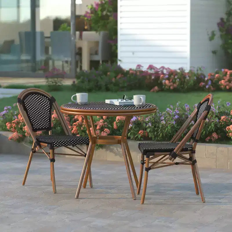 Emma & Oliver Soie Indoor/Outdoor Bistro Style 31.5 in. Table with PE Rattan, Glass Top, and Two Chairs - Metal Frame