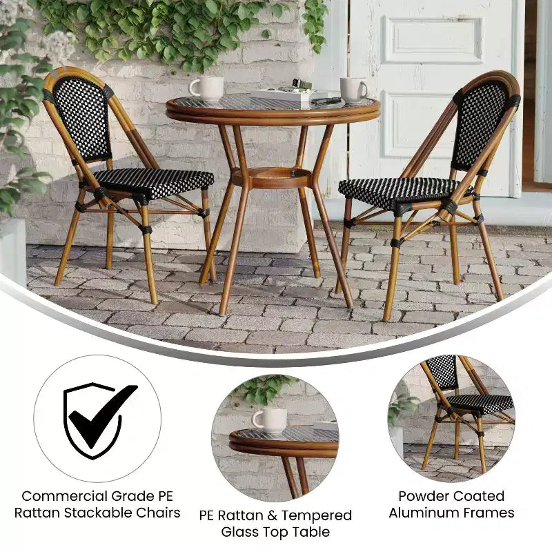 Emma & Oliver Soie Indoor/Outdoor Bistro Style 31.5 in. Table with PE Rattan, Glass Top, and Two Chairs - Metal Frame