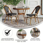Emma & Oliver Soie Indoor/Outdoor Bistro Style 31.5 in. Table with PE Rattan, Glass Top, and Two Chairs - Metal Frame