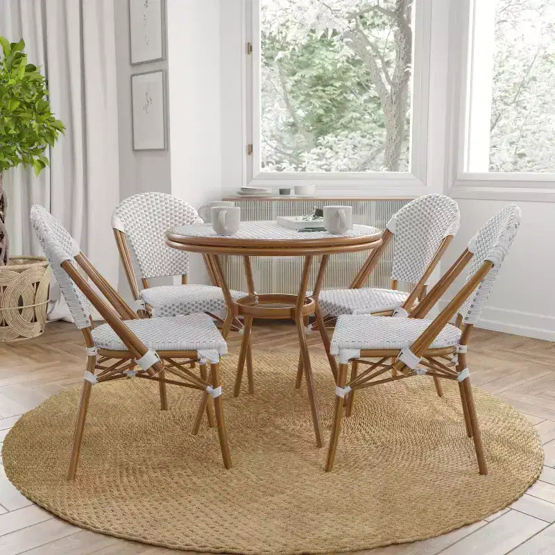 Merrick Lane Celia Bistro Style Table with Glass Top, PE Rattan, 2 Stack Chairs, and Bamboo Finished Metal Frame for Indoor/Outdoor Use