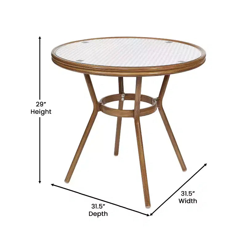 Merrick Lane Celia Bistro Style Table with Glass Top, PE Rattan, 2 Stack Chairs, and Bamboo Finished Metal Frame for Indoor/Outdoor Use