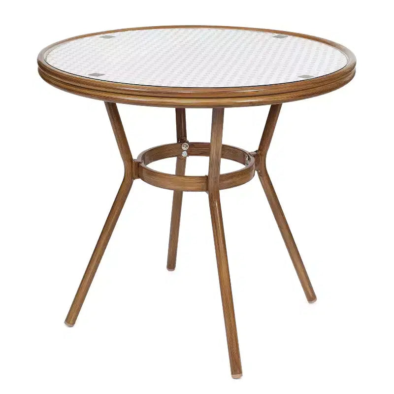 Merrick Lane Celia Bistro Style Table with Glass Top, PE Rattan, 2 Stack Chairs, and Bamboo Finished Metal Frame for Indoor/Outdoor Use