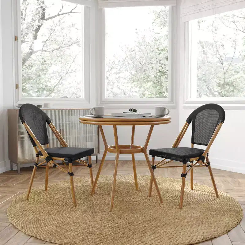 Merrick Lane Celia Bistro Style Table with Glass Top, PE Rattan, 2 Stack Chairs, and Bamboo Finished Metal Frame for Indoor/Outdoor Use