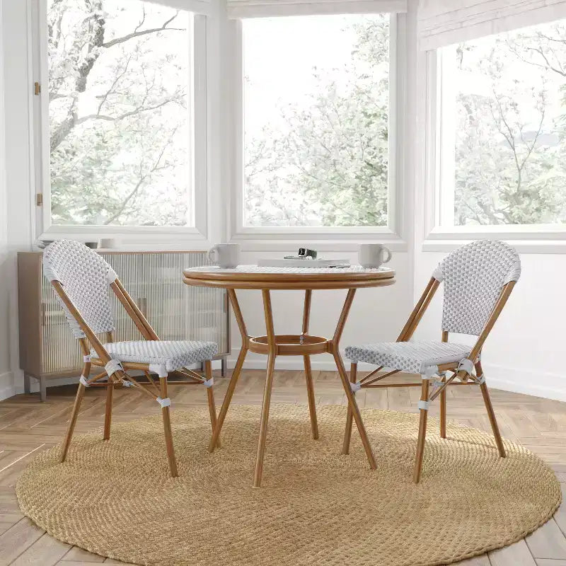 Merrick Lane Celia Bistro Style Table with Glass Top, PE Rattan, 2 Stack Chairs, and Bamboo Finished Metal Frame for Indoor/Outdoor Use