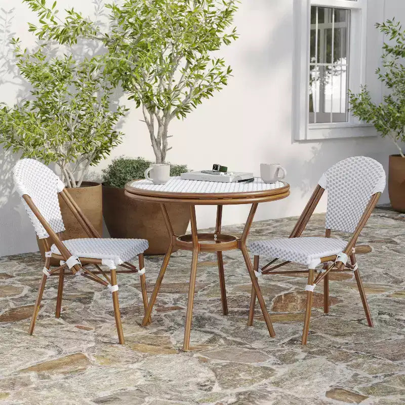 Merrick Lane Celia Bistro Style Table with Glass Top, PE Rattan, 2 Stack Chairs, and Bamboo Finished Metal Frame for Indoor/Outdoor Use