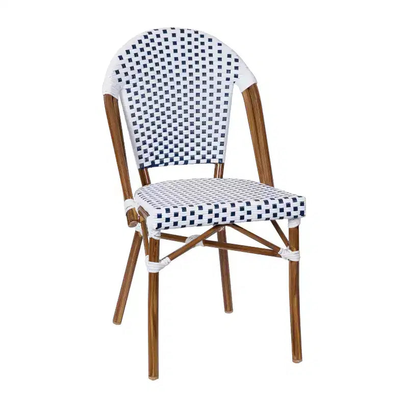 Merrick Lane Celia Bistro Style Table with Glass Top, PE Rattan, 2 Stack Chairs, and Bamboo Finished Metal Frame for Indoor/Outdoor Use