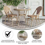 Merrick Lane Celia Bistro Style Table with Glass Top, PE Rattan, 2 Stack Chairs, and Bamboo Finished Metal Frame for Indoor/Outdoor Use