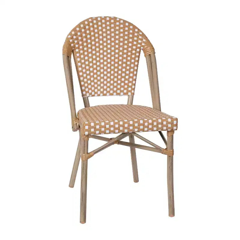 Merrick Lane Celia Bistro Style Table with Glass Top, PE Rattan, 2 Stack Chairs, and Bamboo Finished Metal Frame for Indoor/Outdoor Use