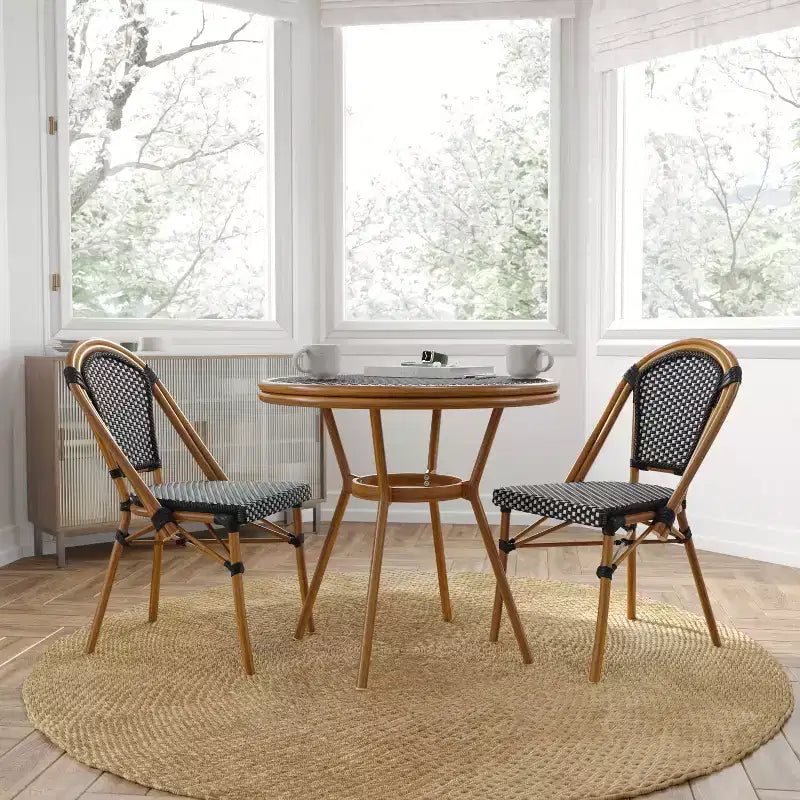 Merrick Lane Celia Bistro Style Table with Glass Top, PE Rattan, 4 Stack Chairs, and Bamboo Finished Metal Frame for Indoor/Outdoor Use