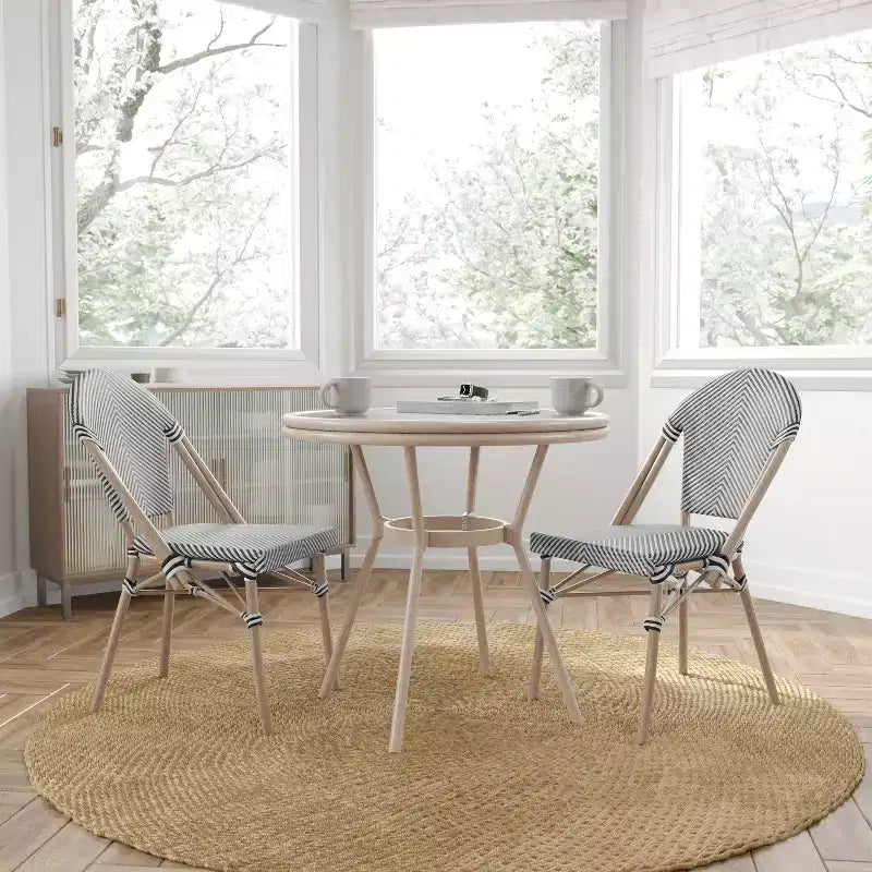 Merrick Lane Celia Bistro Style Table with Glass Top, PE Rattan, 4 Stack Chairs, and Bamboo Finished Metal Frame for Indoor/Outdoor Use