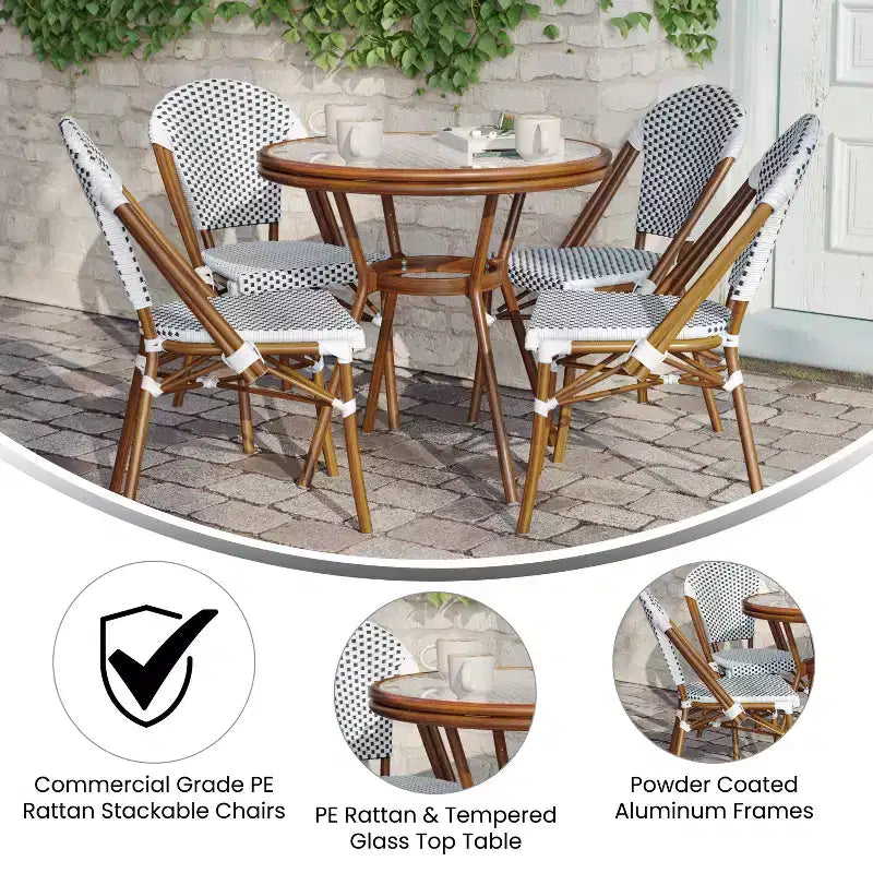 Merrick Lane Celia Bistro Style Table with Glass Top, PE Rattan, 4 Stack Chairs, and Bamboo Finished Metal Frame for Indoor/Outdoor Use