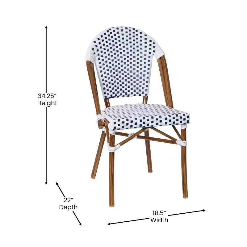 Merrick Lane Celia Bistro Style Table with Glass Top, PE Rattan, 4 Stack Chairs, and Bamboo Finished Metal Frame for Indoor/Outdoor Use