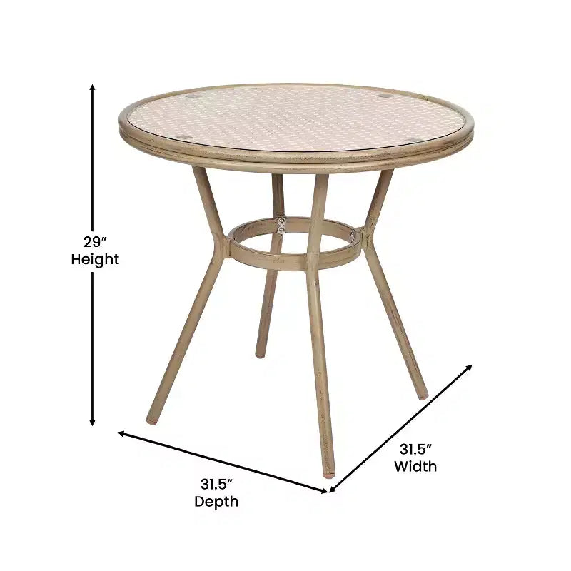 Merrick Lane Celia Bistro Style Table with Glass Top, PE Rattan, 4 Stack Chairs, and Bamboo Finished Metal Frame for Indoor/Outdoor Use