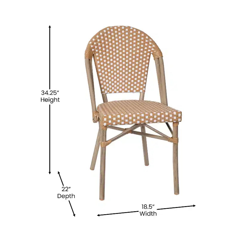 Merrick Lane Celia Bistro Style Table with Glass Top, PE Rattan, 4 Stack Chairs, and Bamboo Finished Metal Frame for Indoor/Outdoor Use