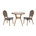 Emma & Oliver Colmar Indoor/Outdoor Bistro Style 31.5 in. Table with Black & White PE Rattan, Glass Top, and Two Chairs - Natural Frame
