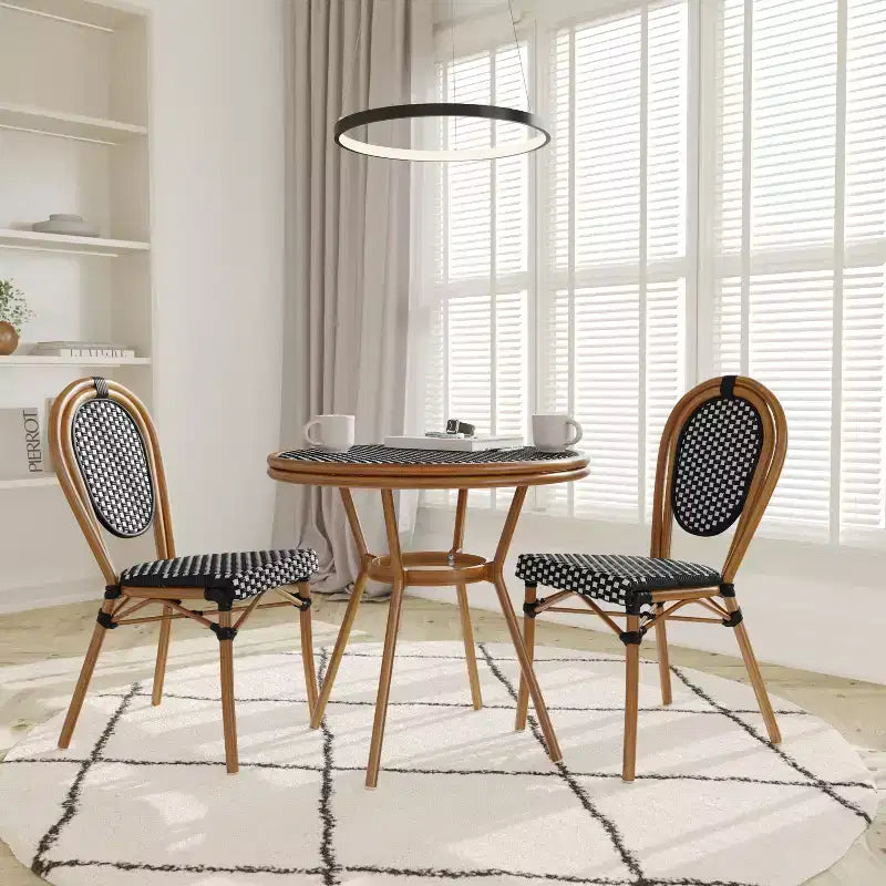 Emma & Oliver Colmar Indoor/Outdoor Bistro Style 31.5 in. Table with Black & White PE Rattan, Glass Top, and Two Chairs - Natural Frame