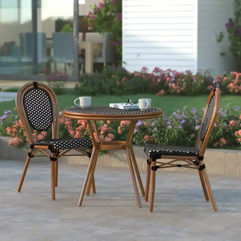 Emma & Oliver Colmar Indoor/Outdoor Bistro Style 31.5 in. Table with Black & White PE Rattan, Glass Top, and Two Chairs - Natural Frame