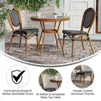Emma & Oliver Colmar Indoor/Outdoor Bistro Style 31.5 in. Table with Black & White PE Rattan, Glass Top, and Two Chairs - Natural Frame