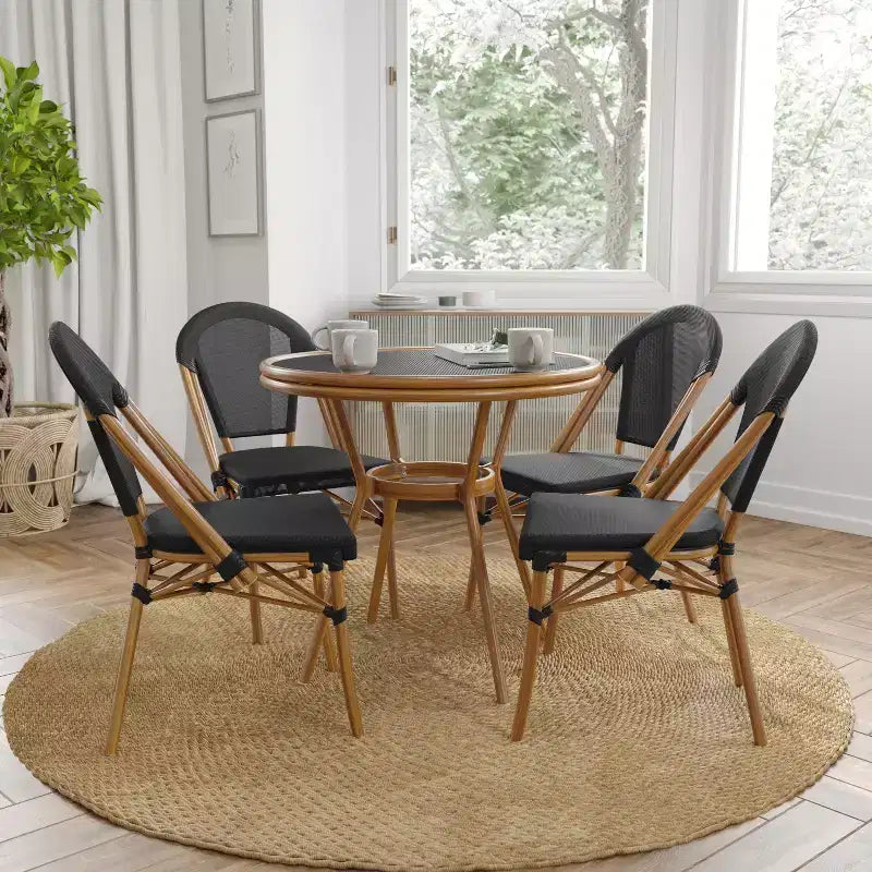 Merrick Lane Sacha Bistro Style Table with Glass Top, PE Rattan, 4 Stack Chairs, and Bamboo Finished Metal Frame for Indoor/Outdoor Use
