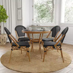 Merrick Lane Sacha Bistro Style Table with Glass Top, PE Rattan, 4 Stack Chairs, and Bamboo Finished Metal Frame for Indoor/Outdoor Use