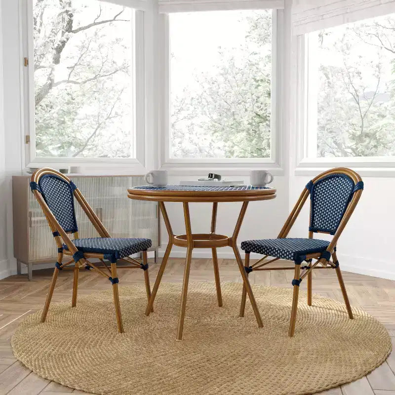 Merrick Lane Sacha Bistro Style Table with Glass Top, PE Rattan, 4 Stack Chairs, and Bamboo Finished Metal Frame for Indoor/Outdoor Use