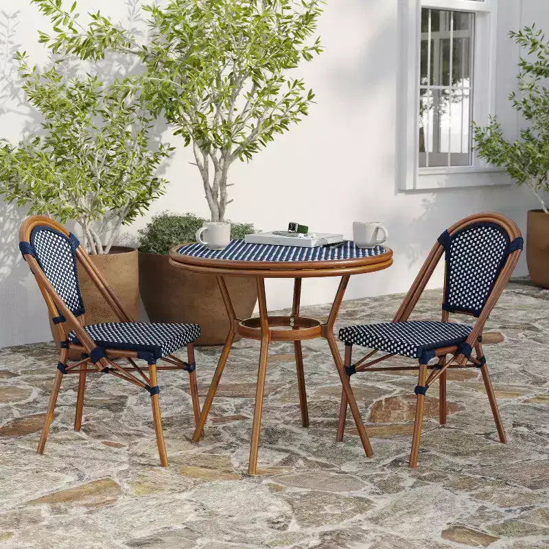 Merrick Lane Sacha Bistro Style Table with Glass Top, PE Rattan, 4 Stack Chairs, and Bamboo Finished Metal Frame for Indoor/Outdoor Use