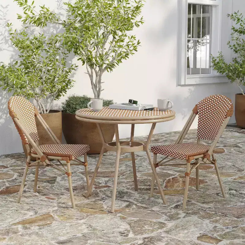 Merrick Lane Mael Bistro Style Table with Glass Top, Textilene, 2 Stack Chairs, and Bamboo Finished Metal Frame for Indoor/Outdoor Use