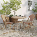 Merrick Lane Mael Bistro Style Table with Glass Top, Textilene, 2 Stack Chairs, and Bamboo Finished Metal Frame for Indoor/Outdoor Use