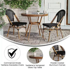 Merrick Lane Mael Bistro Style Table with Glass Top, Textilene, 2 Stack Chairs, and Bamboo Finished Metal Frame for Indoor/Outdoor Use
