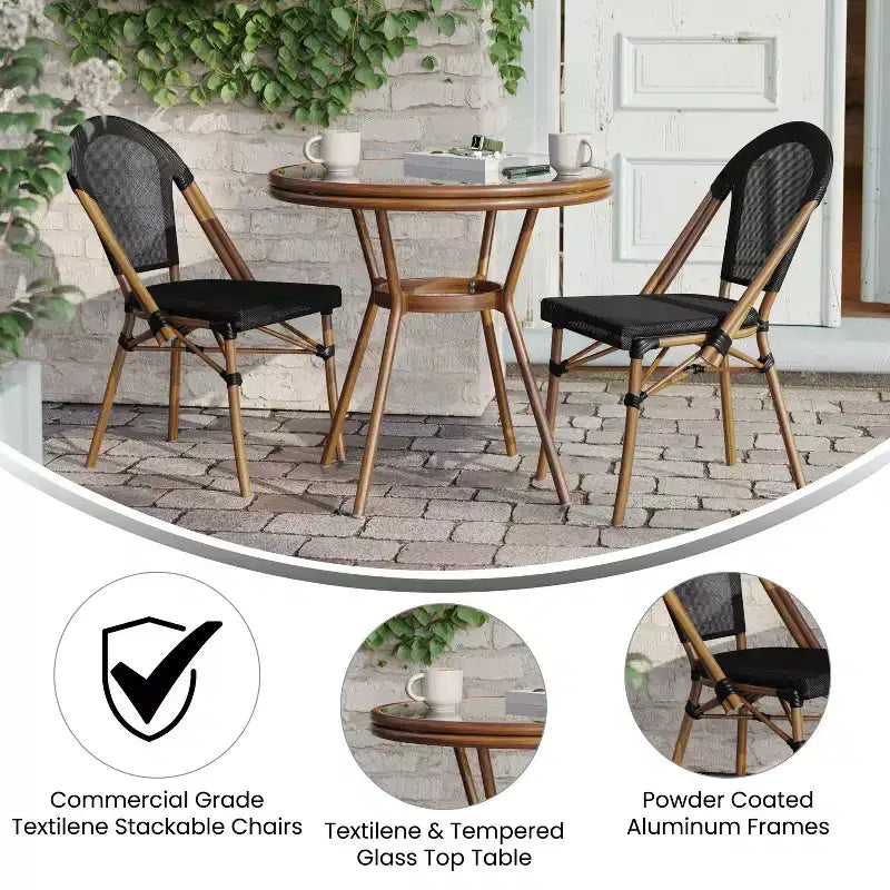 Merrick Lane Mael Bistro Style Table with Glass Top, Textilene, 2 Stack Chairs, and Bamboo Finished Metal Frame for Indoor/Outdoor Use