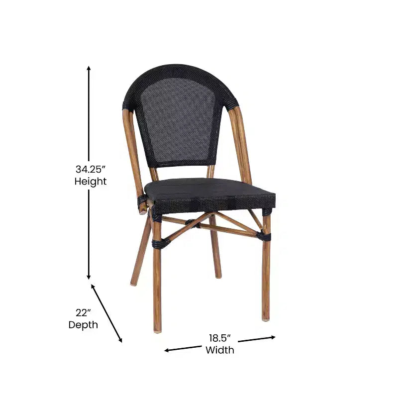 Merrick Lane Mael Bistro Style Table with Glass Top, Textilene, 2 Stack Chairs, and Bamboo Finished Metal Frame for Indoor/Outdoor Use