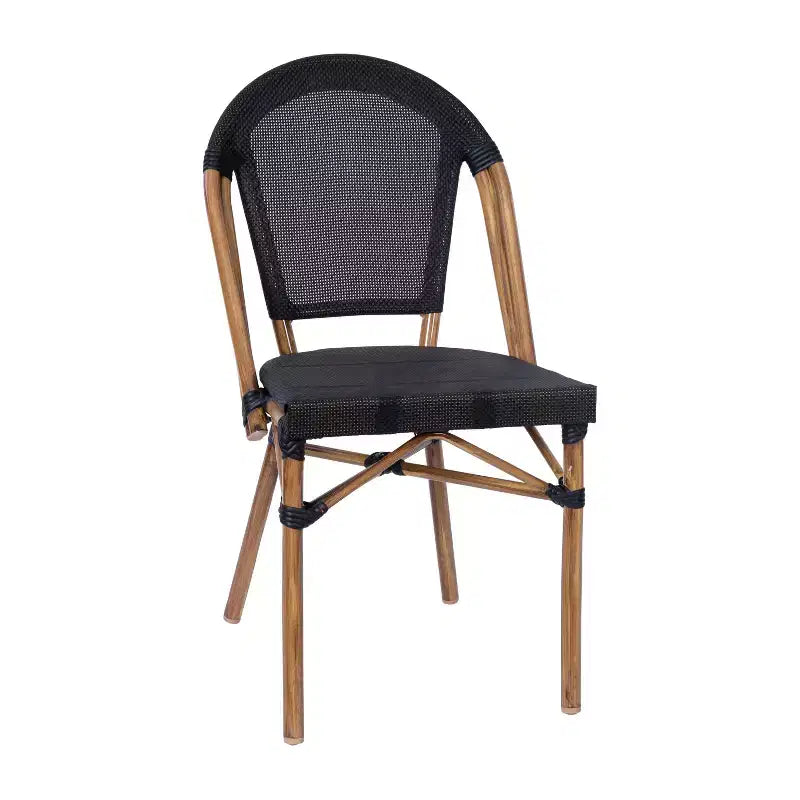 Merrick Lane Mael Bistro Style Table with Glass Top, Textilene, 2 Stack Chairs, and Bamboo Finished Metal Frame for Indoor/Outdoor Use
