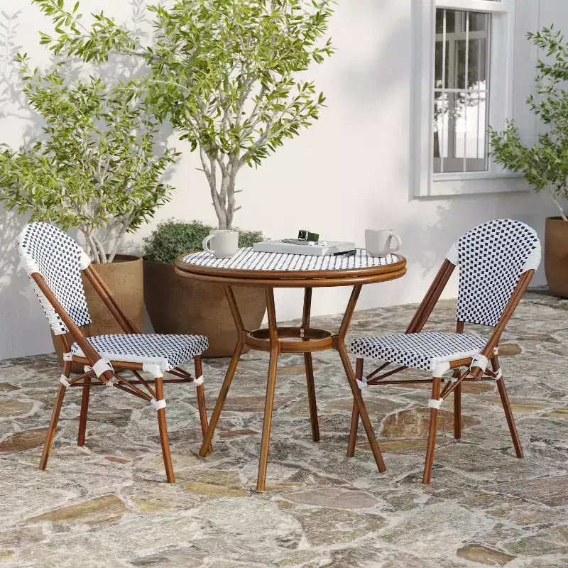 Merrick Lane Mael Bistro Style Table with Glass Top, Textilene, 2 Stack Chairs, and Bamboo Finished Metal Frame for Indoor/Outdoor Use