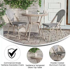 Merrick Lane Mael Bistro Style Table with Glass Top, Textilene, 2 Stack Chairs, and Bamboo Finished Metal Frame for Indoor/Outdoor Use