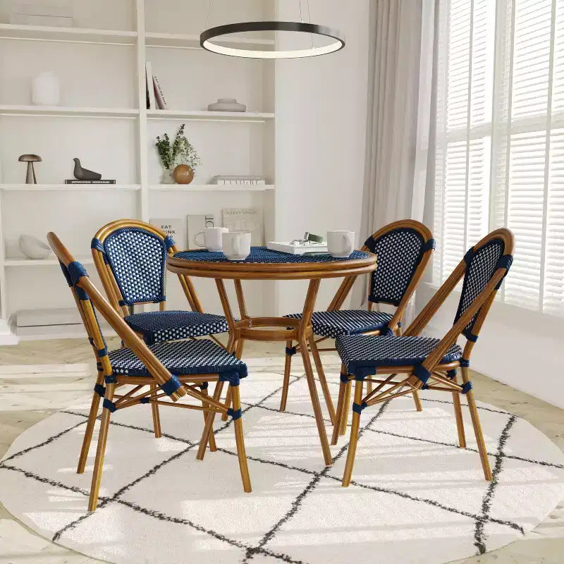 Emma & Oliver Soie Indoor/Outdoor Bistro Style 31.5 in. Table with PE Rattan, Glass Top, and Four Chairs - Metal Frame