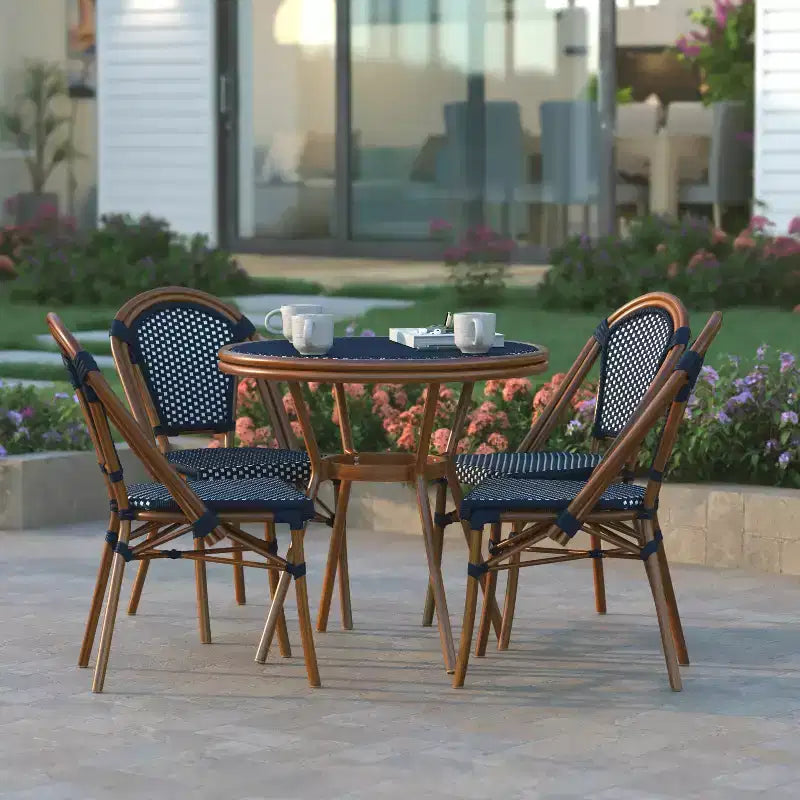 Emma & Oliver Soie Indoor/Outdoor Bistro Style 31.5 in. Table with PE Rattan, Glass Top, and Four Chairs - Metal Frame