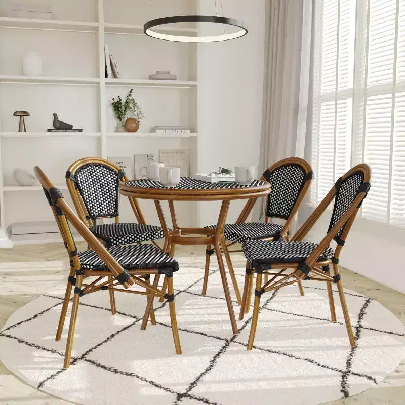 Emma & Oliver Soie Indoor/Outdoor Bistro Style 31.5 in. Table with PE Rattan, Glass Top, and Four Chairs - Metal Frame