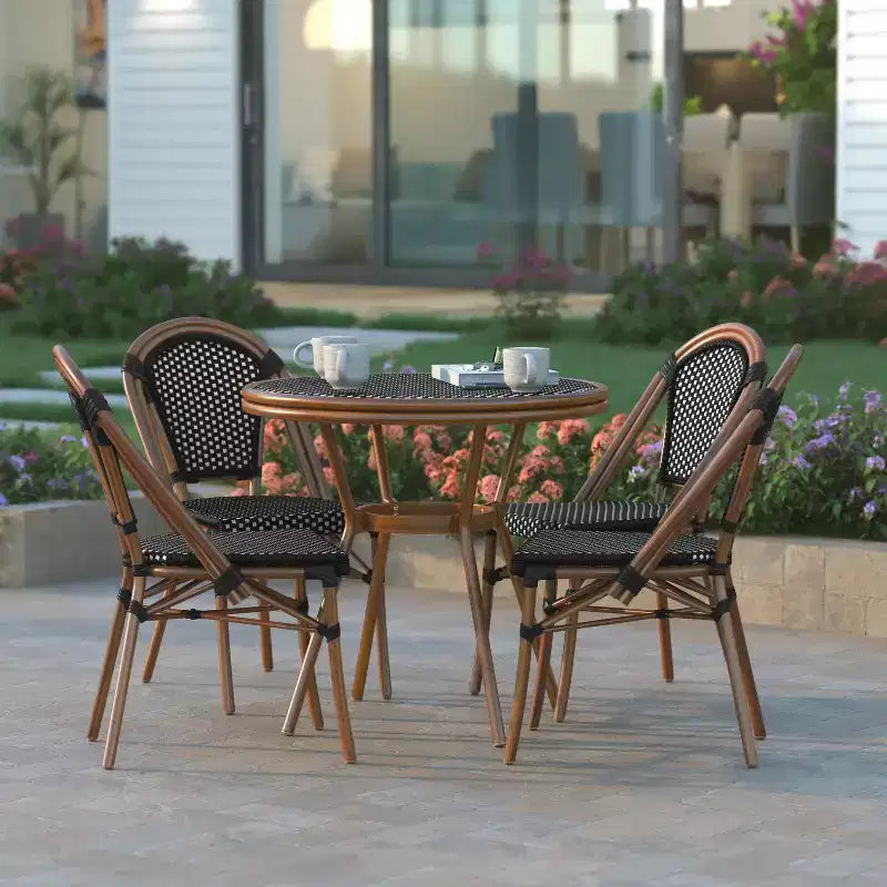 Emma & Oliver Soie Indoor/Outdoor Bistro Style 31.5 in. Table with PE Rattan, Glass Top, and Four Chairs - Metal Frame