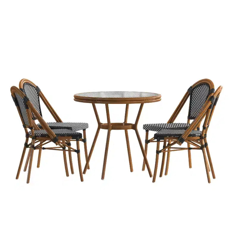 Emma & Oliver Soie Indoor/Outdoor Bistro Style 31.5 in. Table with PE Rattan, Glass Top, and Four Chairs - Metal Frame