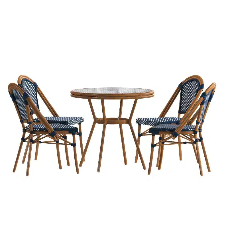 Emma & Oliver Soie Indoor/Outdoor Bistro Style 31.5 in. Table with PE Rattan, Glass Top, and Four Chairs - Metal Frame