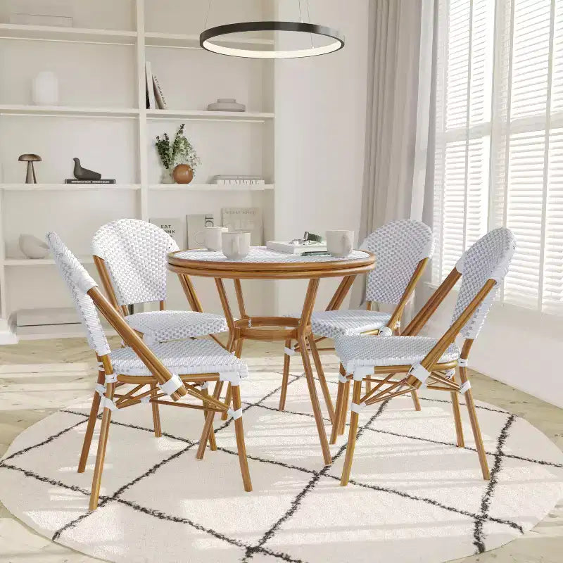 Emma & Oliver Colmar Indoor/Outdoor Bistro Style 31.5 in. Table with PE Rattan, Glass Top, and Four Chairs - Metal Frame